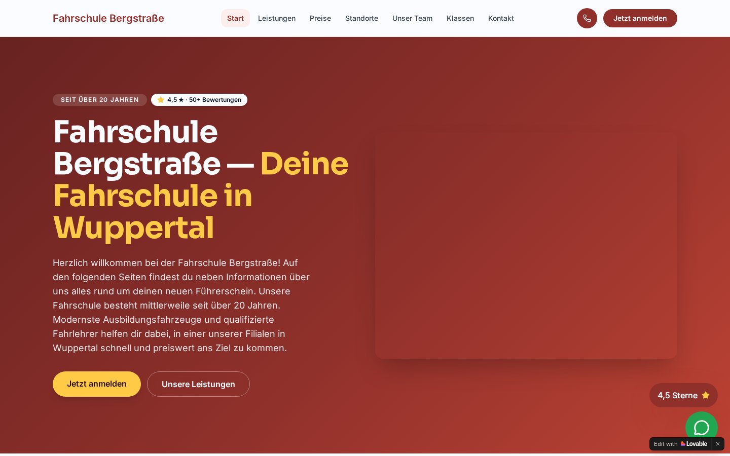 Screenshot der Website Fahrschule Bergstraße Wuppertal