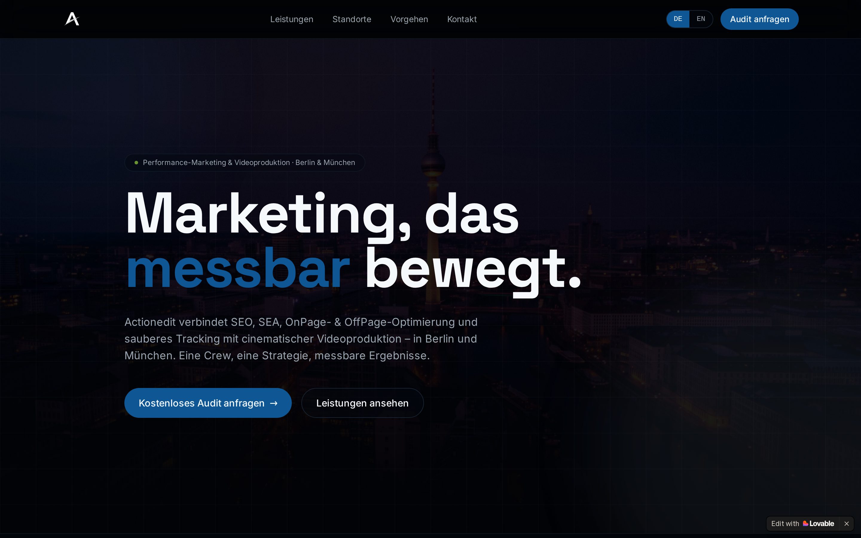 Screenshot der Website Actionedit Videoproduktion